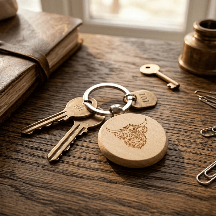 Wooden Highland Cow Keyring – Engraved Scottish Souvenir Natural Wood Keychain - Heritage Of Scotland -
