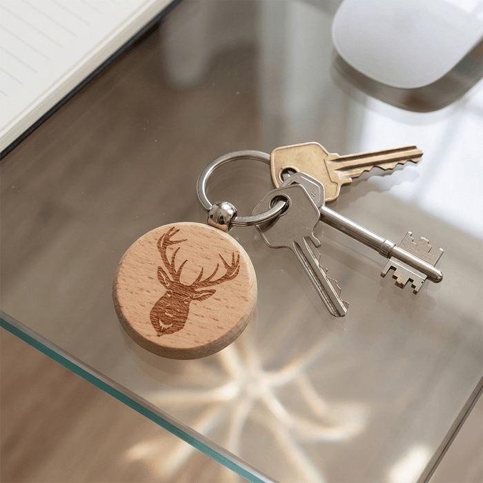 Wooden Stag Keyring – Engraved Scottish Deer Natural Wood Keychain Souvenir - Heritage Of Scotland -