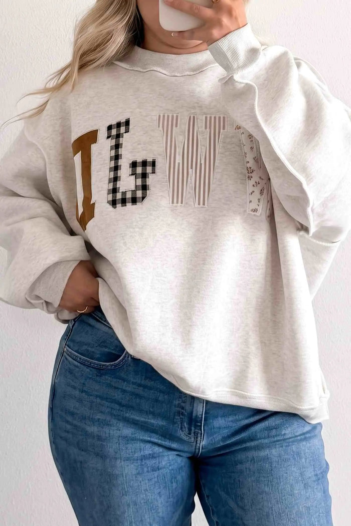 WWJD Mix Pattern Letter Graphic Exposed Seam Loose Plus Size Sweatshirt – Gray
