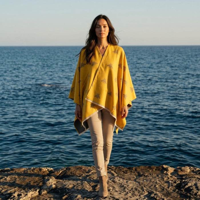 Bee Print Reversible Wrap Cape for Women - OCHRE - Heritage Of Scotland -